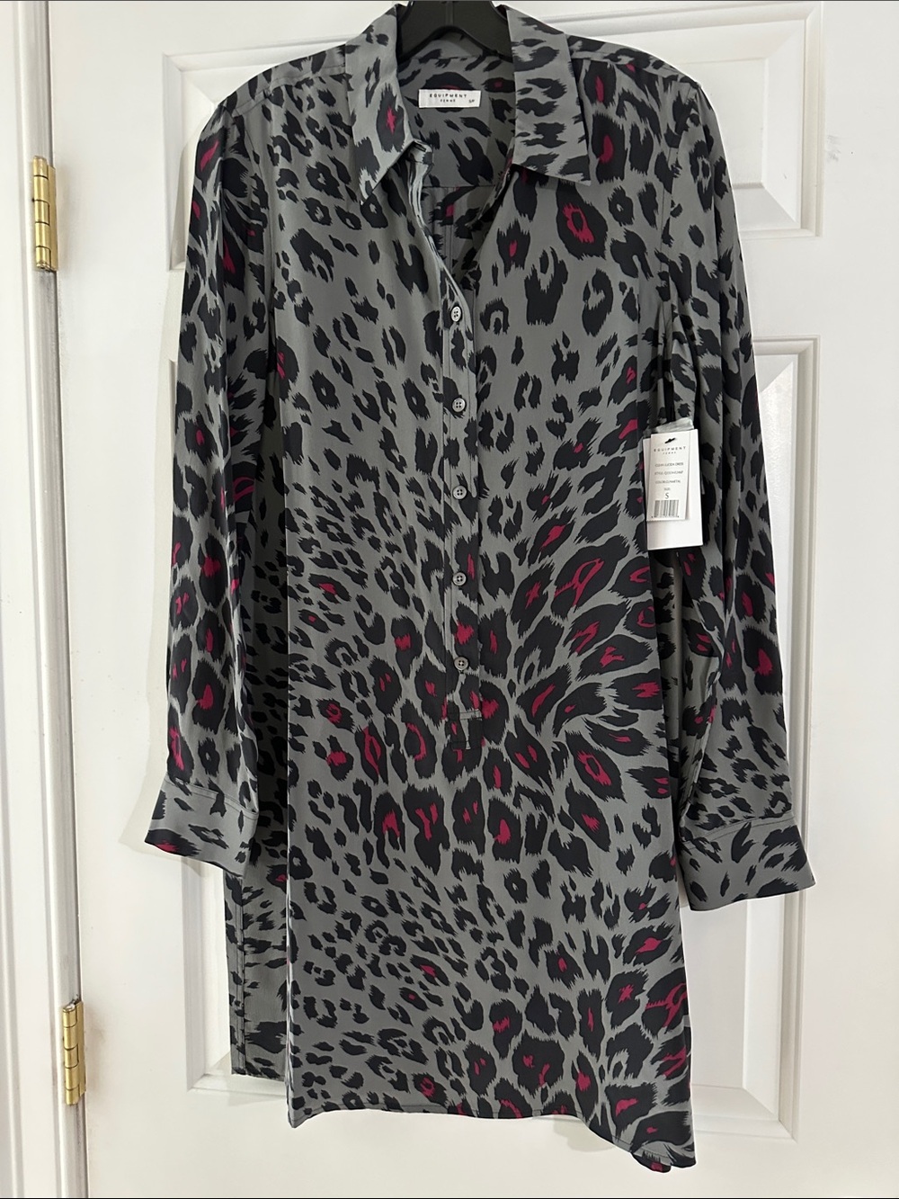 NWT Equipment Grey Leopard-Print Button-Down Shirtdress with Burgundy Spots
